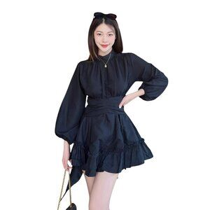 Tanintra Black White Red Bell Longsleeves Ribbon Mini Ruffle Dress 100% Cotton